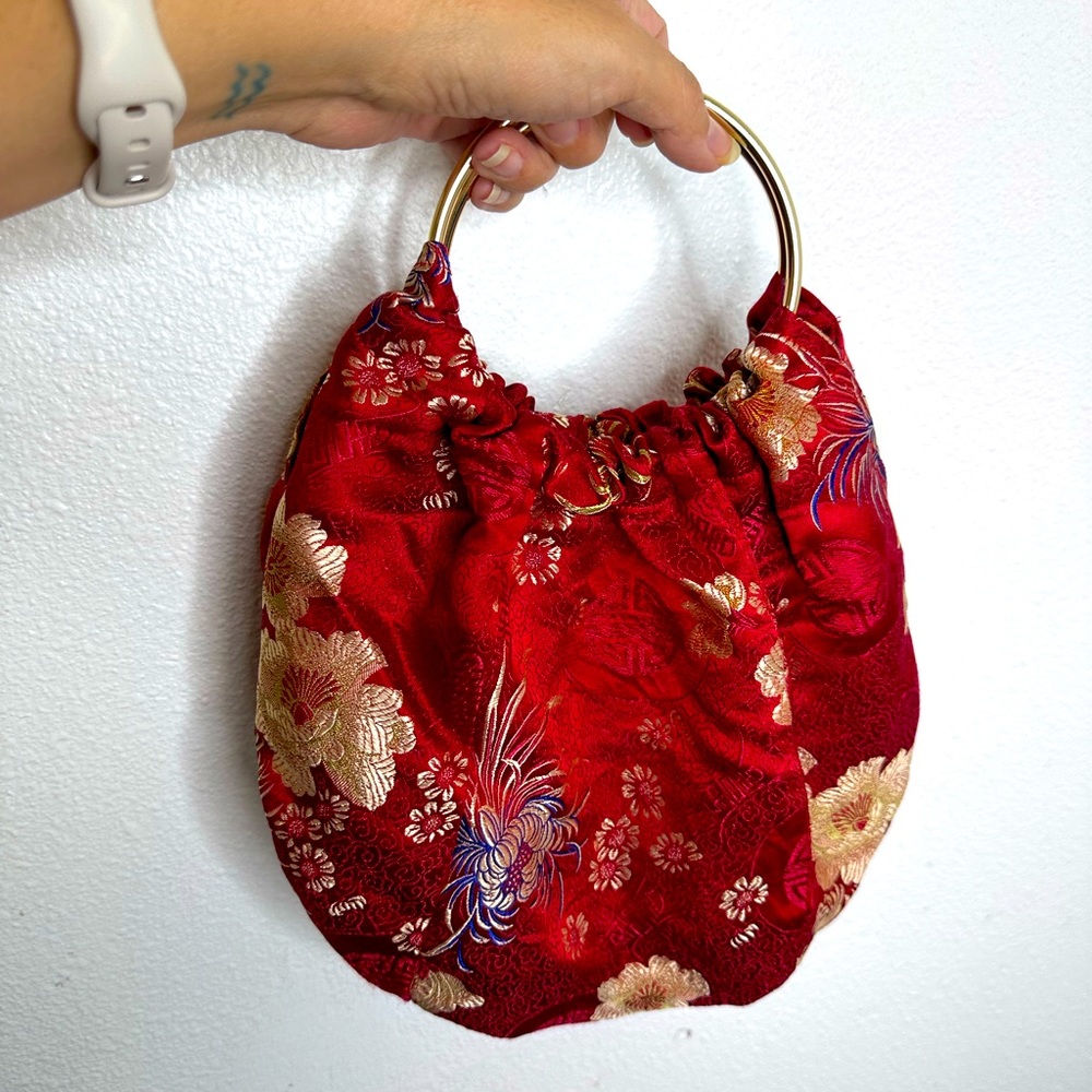 Gold circle handle hand made recycled red asian print fabric handbag